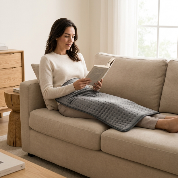 Hemvkin UZX50100 gray 20 x 40 inch heating pad lifestyle scene with large lower body coverage